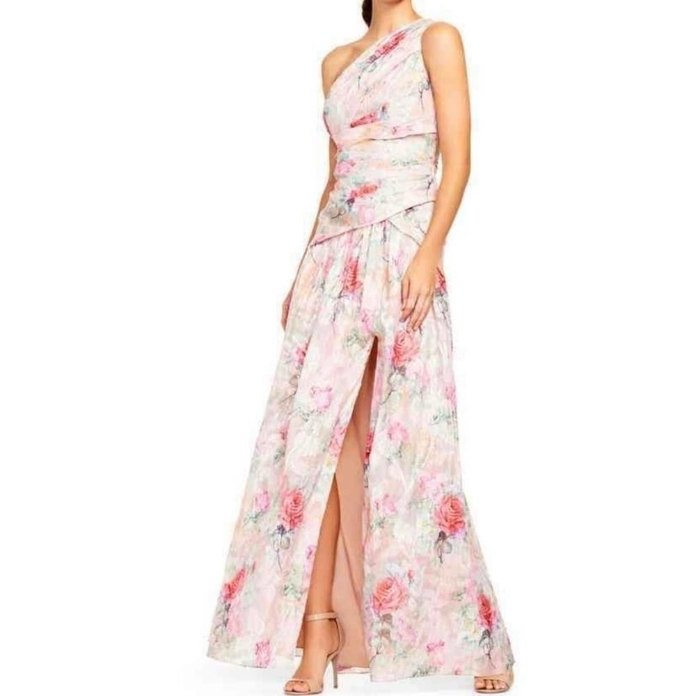 Aidan Mattox‎ One-Shoulder Rose Jacquard Front Slit